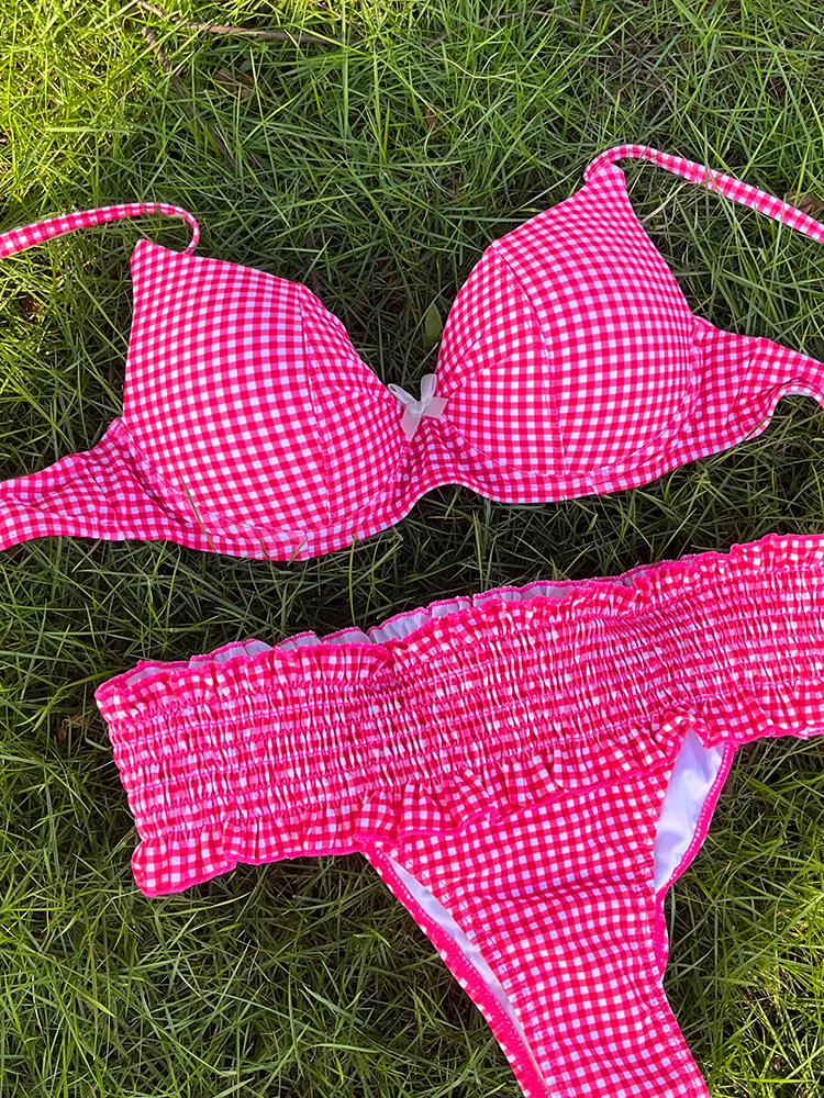 Bow Bikini Set Pink Swimsuit Women 2024 Plaid Push Up Swimwear Sexy Biquini Feminino Thongs Bathing Suit String Beachwear