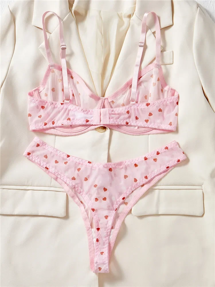 Conjunto de sujetador y bragas con aros, lencería romántica con patrón en forma de corazón, ropa interior cómoda de encaje rosa, Tanga transparente, conjunto exótico