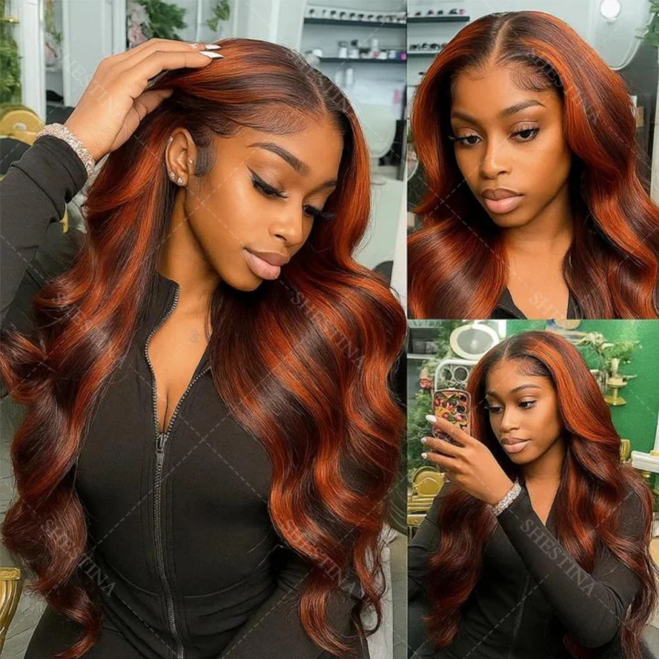 Peluca con malla frontal ondulada para el cuerpo, color marrón jengibre, 5x5, pelucas sin pegamento precortadas, cabello humano ombré, color jengibre, pelucas con cierre de encaje HD
