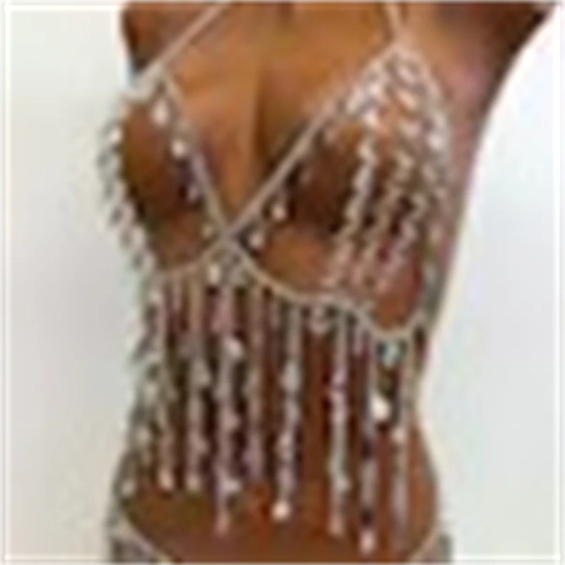 Damen Strass-Körperkette 2-teiliges Set Geometrischer Acryl-Kristall-Quasten-Neckholder-Bralette Sexy Rückenfreies Halloween-Top – Detail 6