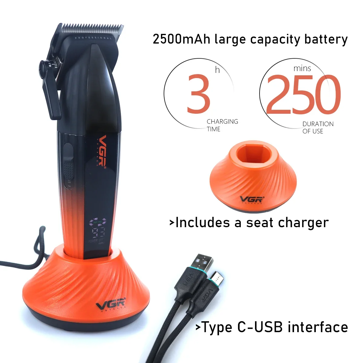 Cortapelos VGR V889C para hombre, hoja DLC profesional, 9000RPM, 2 velocidades con cargador Base, pantalla LCD totalmente de Metal, 2500mhA, barbería