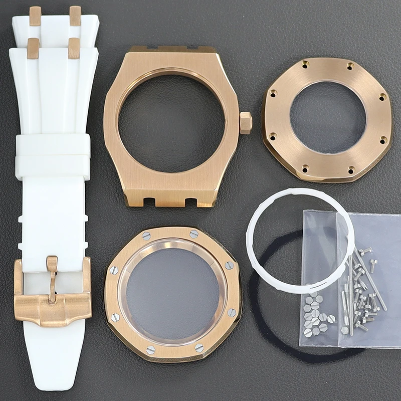 

Rose Gold 41mm Watch Octagon Cases Rubber band Chapter Rings Sapphire Glass Parts For Oak Seiko NH35 NH36 NH34 NH38 28.5mm Dial