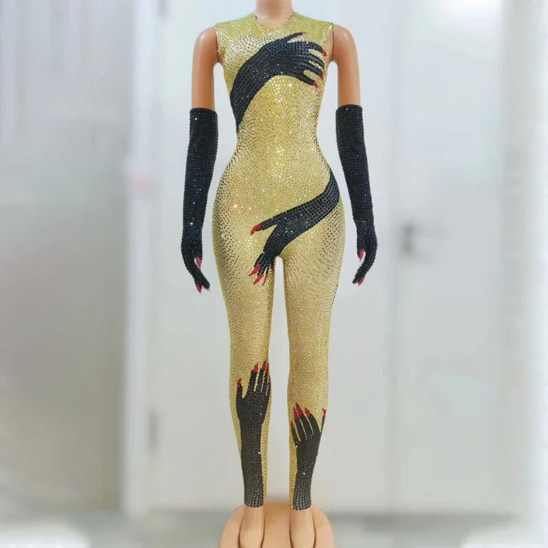 Sexy Pole Dance Outfit Nero Argento Strass Tuta Guanti Donna Dj Ds Party Gogo Abbigliamento Drag Queen Costume XS6638