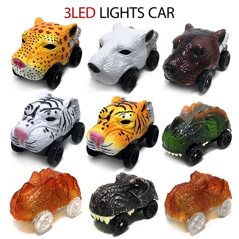 Carro de dinossauro elétrico com luz LED, tigre branco, leopardo, urso marrom, animal, pista de luz, carro esportivo de brinquedo, L003