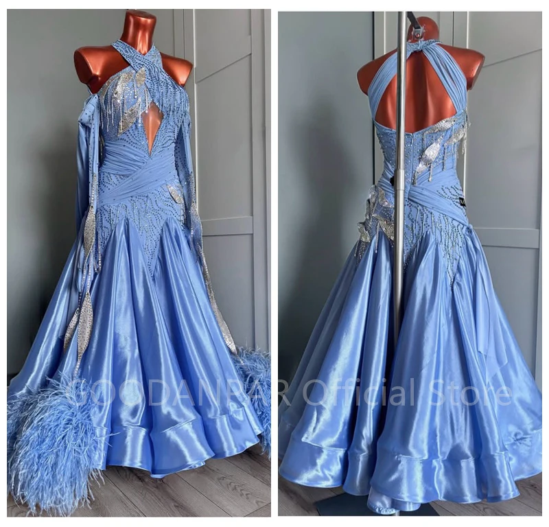 

Платье для бальных танцев, современное платье для вальса и танго, костюмы для бальных танцев, стандартное танцевальное платье с перьями страуса.