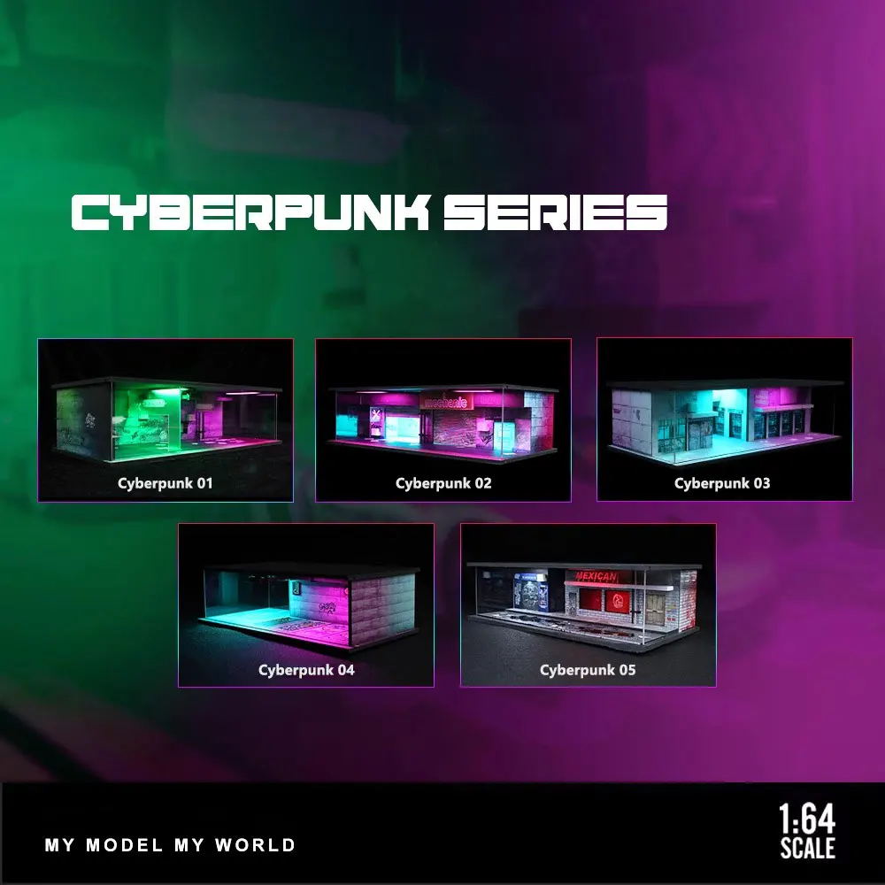 

Модель гаража автомобиля серии Cyberpunk, масштаб 1:64, диорама, модель гаража автомобиля со светодиодной подсветкой, парковочные лоты, городские наборы моделей «сделай сам», Collectio