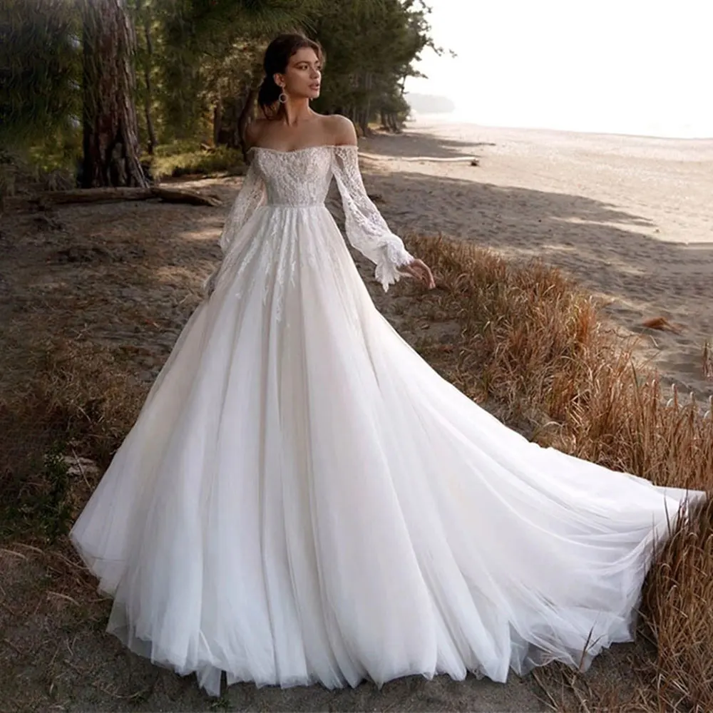 Vestido De novia De línea A De moda personalizado con hombros descubiertos, Espalda descubierta, manga larga, cremallera, apliques De cuentas, Vestido De cola De corte De encaje