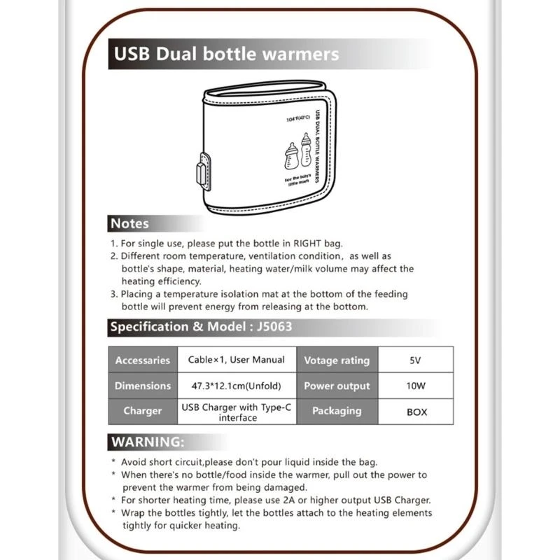 J15U USB Travel Double Bottle Warmer Multifunctional Constant Temperature Cover Case