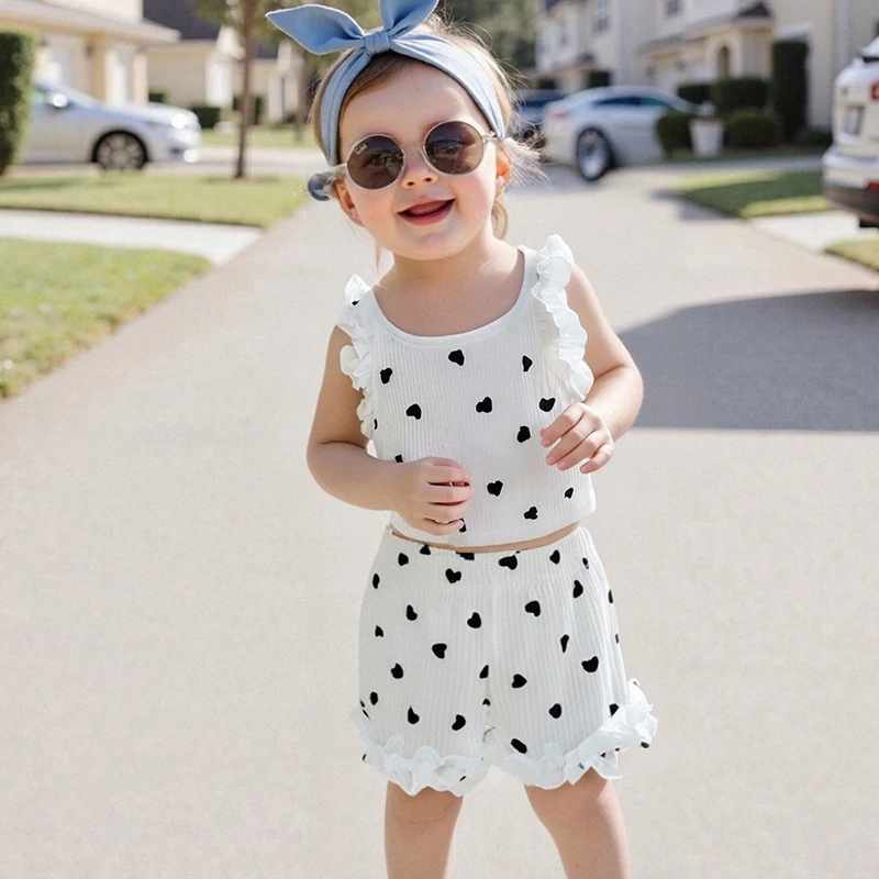 Conjunto de 2 peças para bebês meninas, sem mangas, gola redonda, babado, estampa de coração, regata e shorts