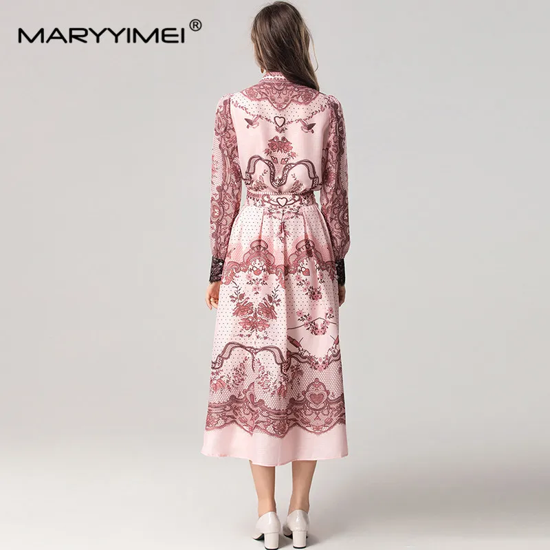 MARYYIMEI Autumn and Winter Women's Suit Scarf Collar Long-Sleeved Single-Breasted Tops+Casual Skirt Vintage Print 2 piece set