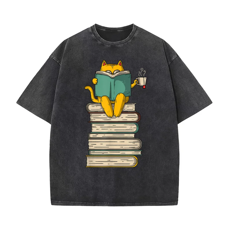

Reading Cat Funny Book & Tea Lover Gift Short Sleeve Pure Cotton T-shirt For Man Oversized Art Graphic Clothing Printed