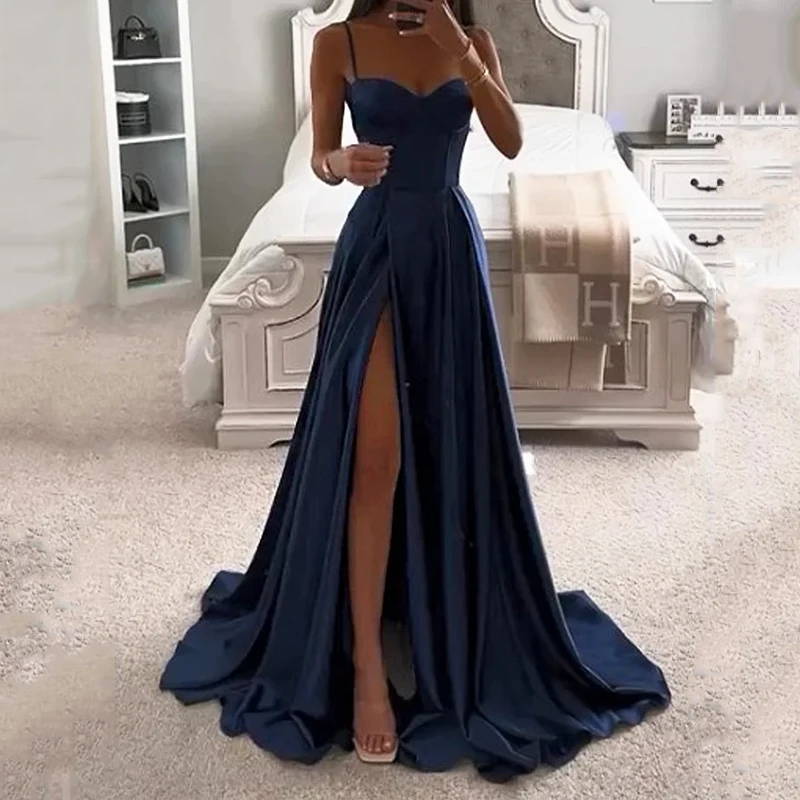 Ellafads Women Maxi Dress 2024 Elegant Sexy Solid Sleeveless Suspender V Neck Nipped Waist Slit Backless Evening Long Dresses