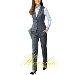 Women's Pinstripe 3 Button Suit Vest V-Neck Business Dress Waistcoat +Pants