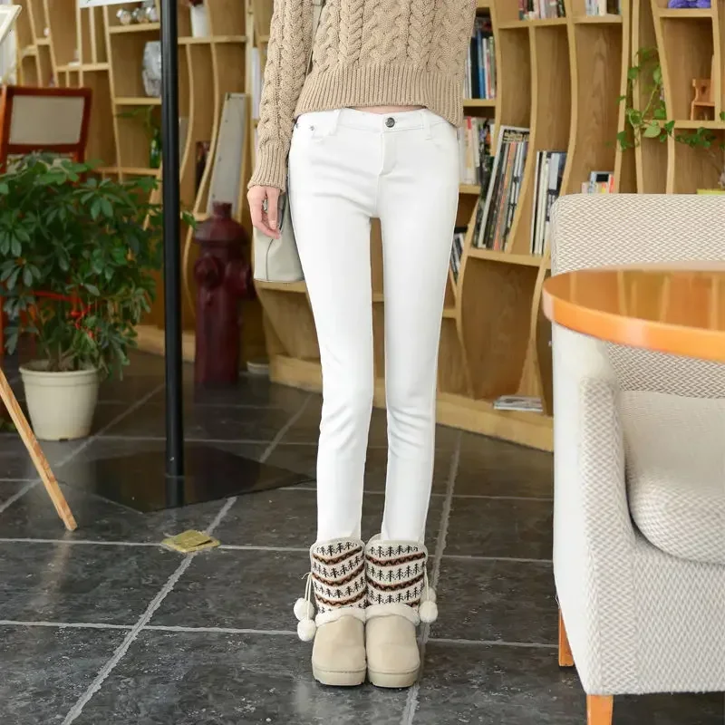 Candy Color Plus Size Mid Waist Skinny Jeans Fleece Denim Pants Stretch Jeans Pencil Pant Winter Thicken Velvet Warm Jeans Women