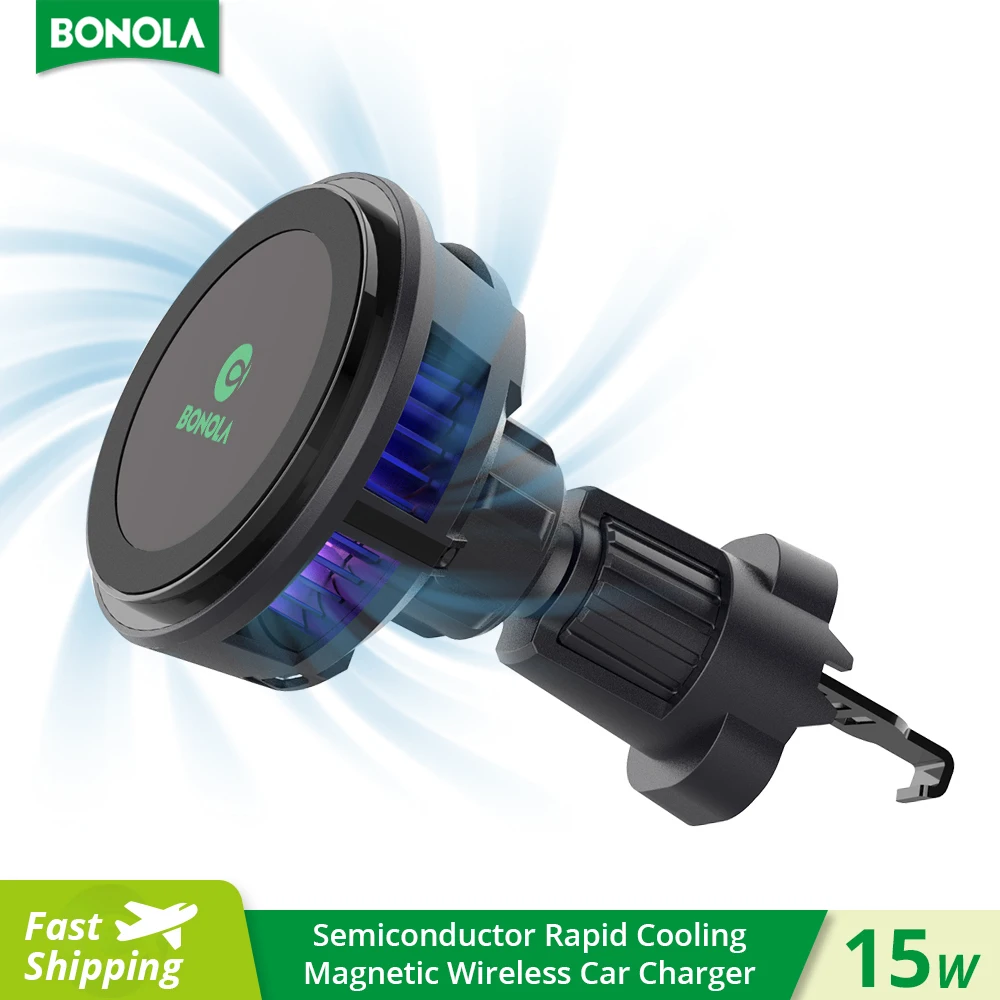 Bonola Magnetic Cooling Car Charger Holder for iPhone 15 Pro/14/13 RGB Lamp 15W Wireless Car Chargers with Fan for Samsung S24