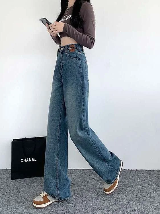 

Spring Women's Lazy Sle Floor-Length Casual Straight Leg Jeans High Waist PU Leather mid Stretch High Waist Straight Leg Jeans