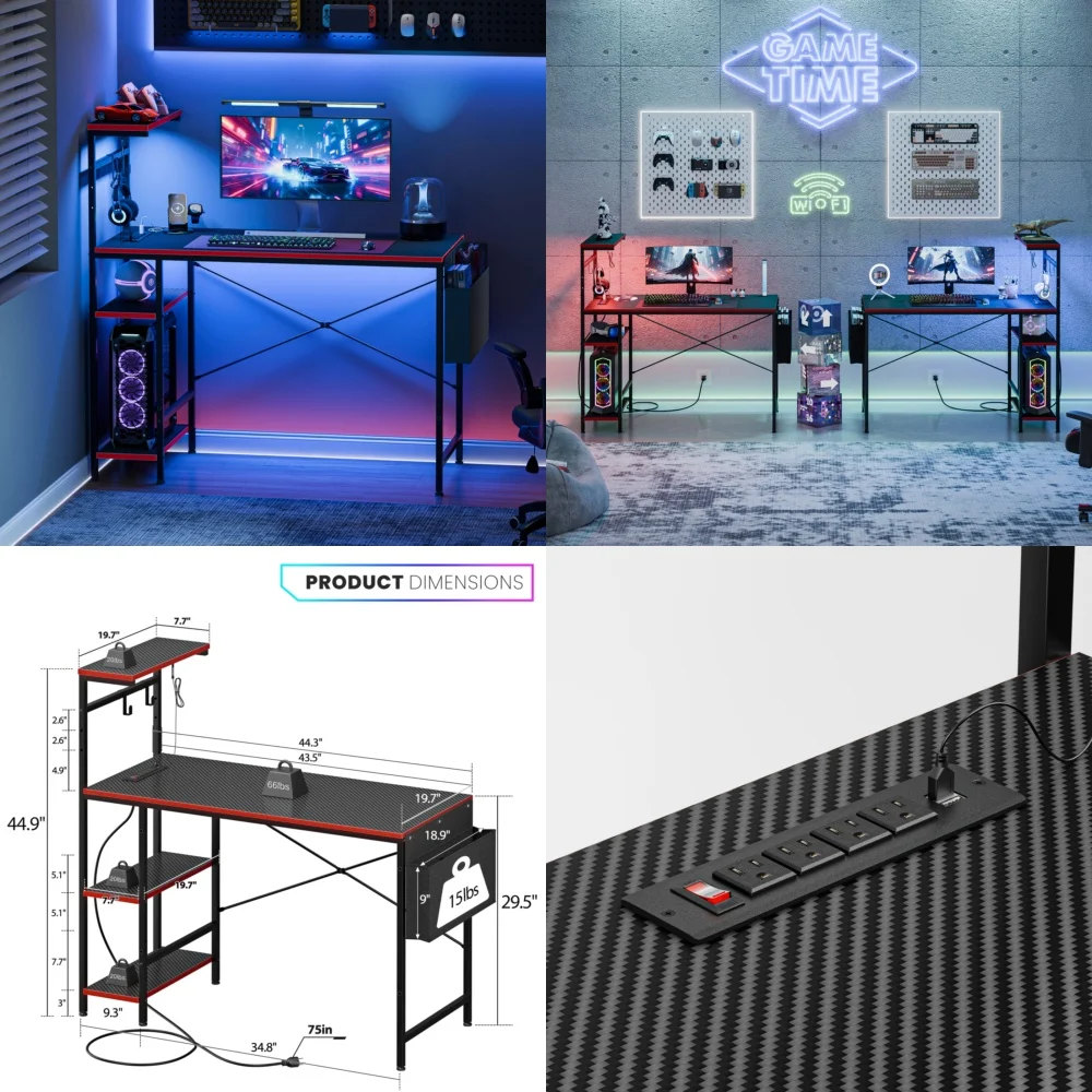

Computer Desks44 Inch LED Gaming Desk with Power Outlet Hooks and Storage Black