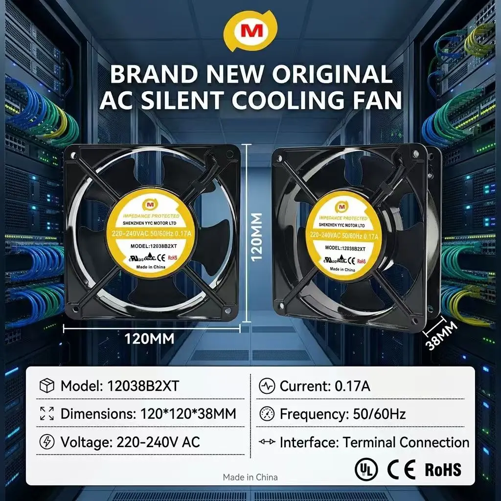 For YYC 12038B2XT AC 220V 240V 0.17A 12038 120x120x38mm Dual Ball Bearing Metal Frame Server Inverter Chassis Cooler Fans