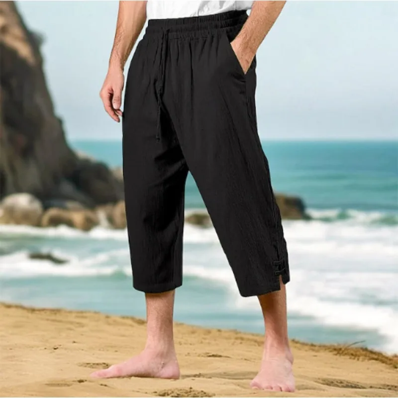 Men's Pants Casual Summer Waist Drawstring Multi-pocket Linen Cropped Pants Beach Pants