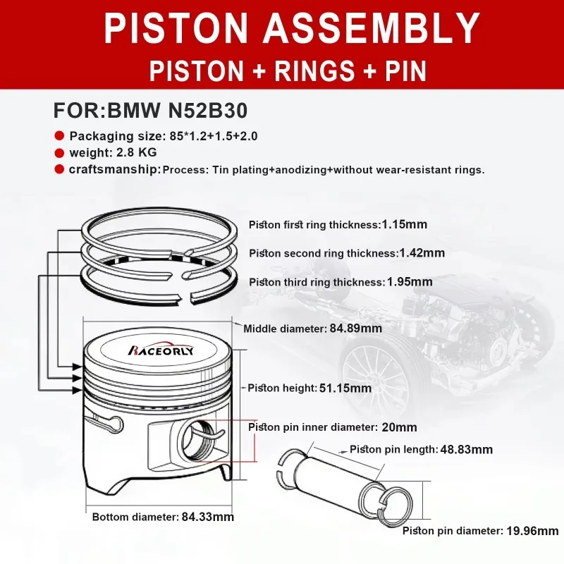 OEM 11257536373  Piston Assembly 85mm 10.7:1 1.2+1.5+2.0 forBMW N52B30 3.0L E90 E60 E83 128i 328i 528i X1