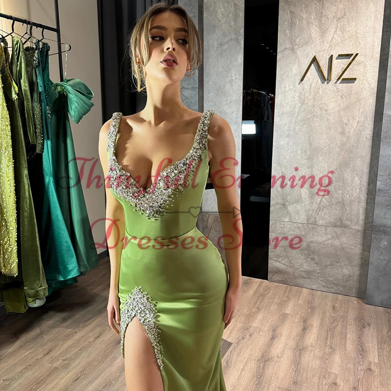 Thinyfull Women Mermaid Prom Dresses Saudi Arabia Beadings Side Slit Evening Dress Formal Cocktail Party Prom Gowns Custom Size