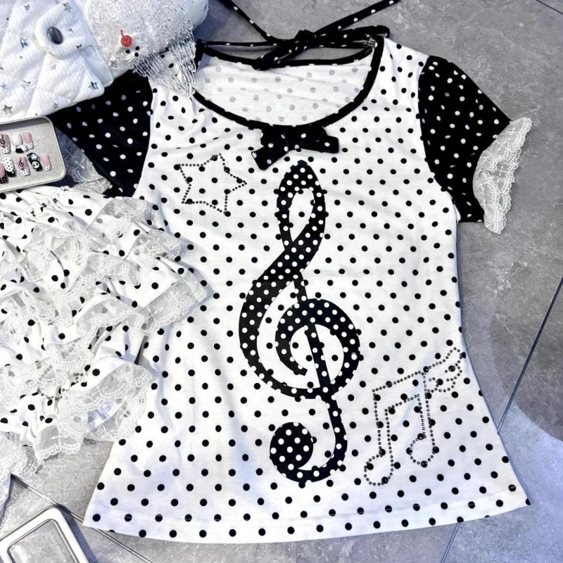 Y2K Subculture Japanese Piano Polka Dot Music Note Lace Short Sleeve Tops Women Bow Fake Two Piece Tees Hot Girl Summer Clothes