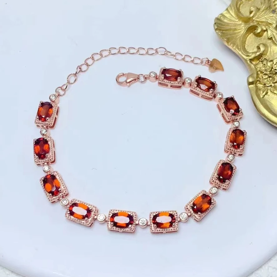 Solid 925 Silver Fanta Garnet Bracelet 4mm*6mm Total 6ct Natural Garnet Silver Bracelet Wioth 3 Layers 18K Gold Plated