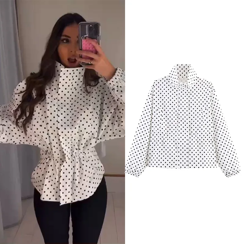 

Women's Polka Dot Jackets New 2026 Spring Autumn Women Fashion High Neck Long Sleeve Coat Casual Streetwear Female Outerwear