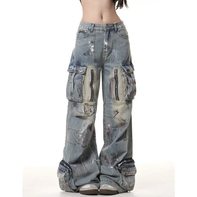 ANJY Herfst Winter Nieuwe Vrouwen Amerikaanse Mode Graffiti Multi-Pocket Wijde Pijpen Jeans Straat Gewassen Casual Cargo Denim broek A15075