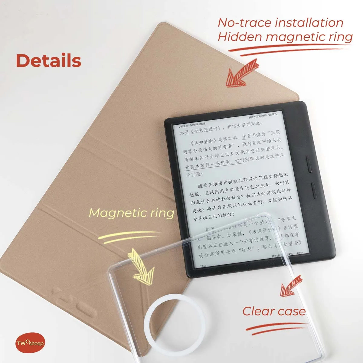 Magnetyczne etui odłączane Twosheep do Musnap Ocean Oceanc iReader Ocean5pro Ocean5c 7 cali, automatyczne usypianie/budzenie, klasyczny styl notebooka — zdjęcie produktu 3