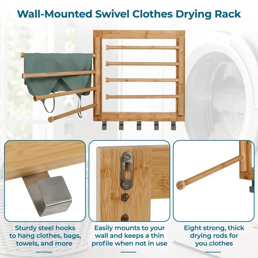 Bamboo Swivel Wall Mount Drying Rack Versatile Clothes Drying Rack and Durable Laundry Rack, Wall Drying Rack for Indoor Outdoor