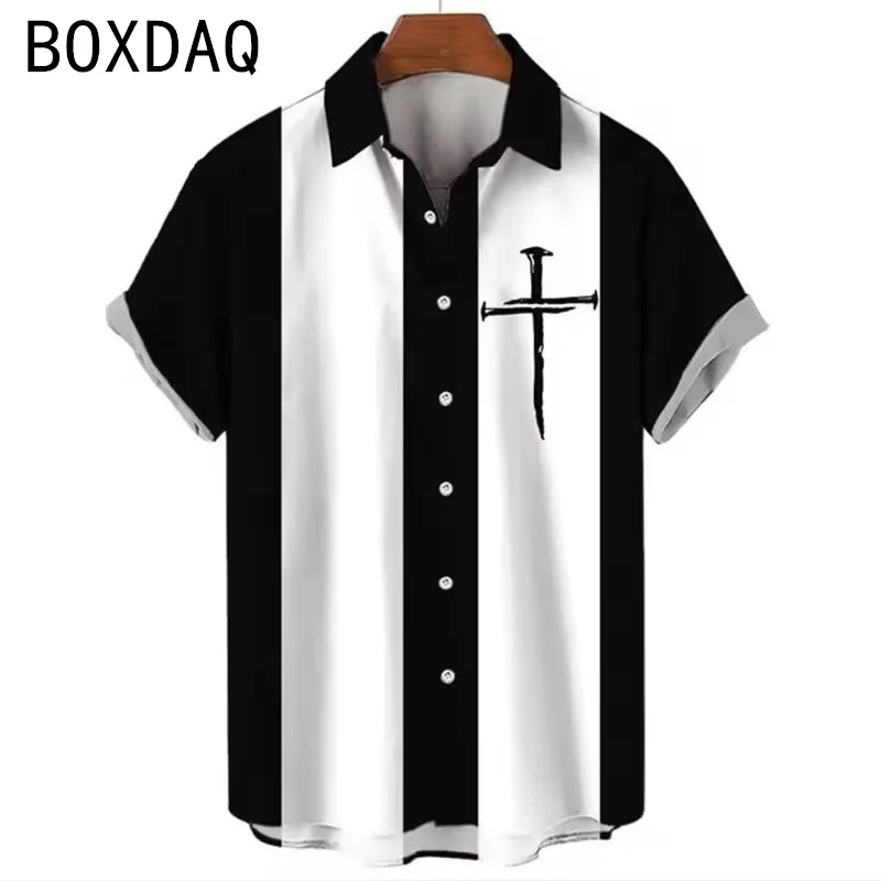 Summer Men Seaside Casual Shirt Big Size Short-sleeved Turndown Collar Shirt Fashion Striped Printed Men's Street Blouse Tops