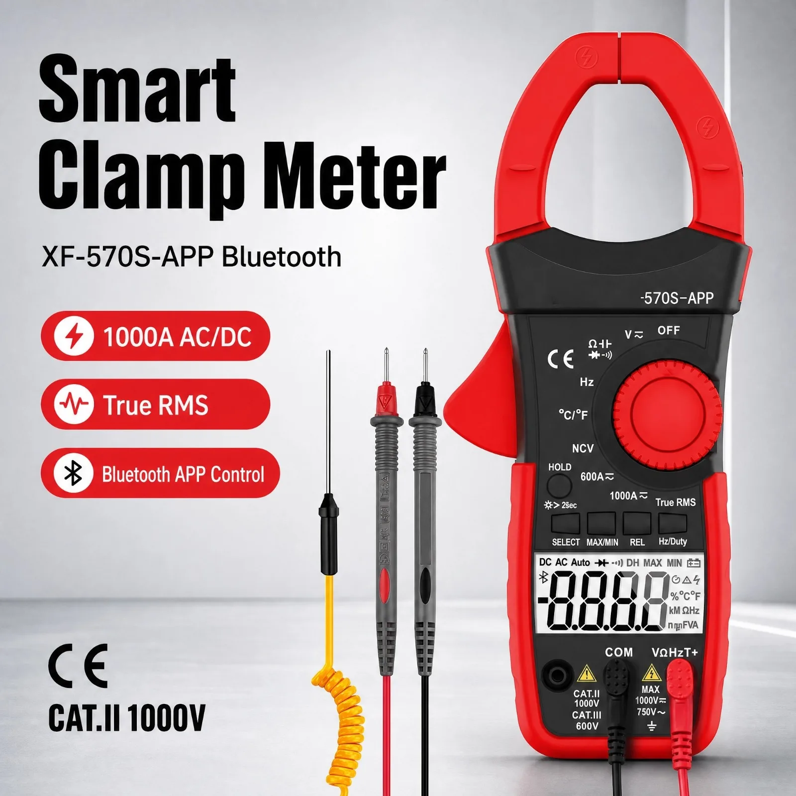 

6000 Counts True RMS Digital Clamp Meter, Bluetooth HP-570s-APP-Multimeter with APP Control, 1000V AC/DC Current Voltage Tester