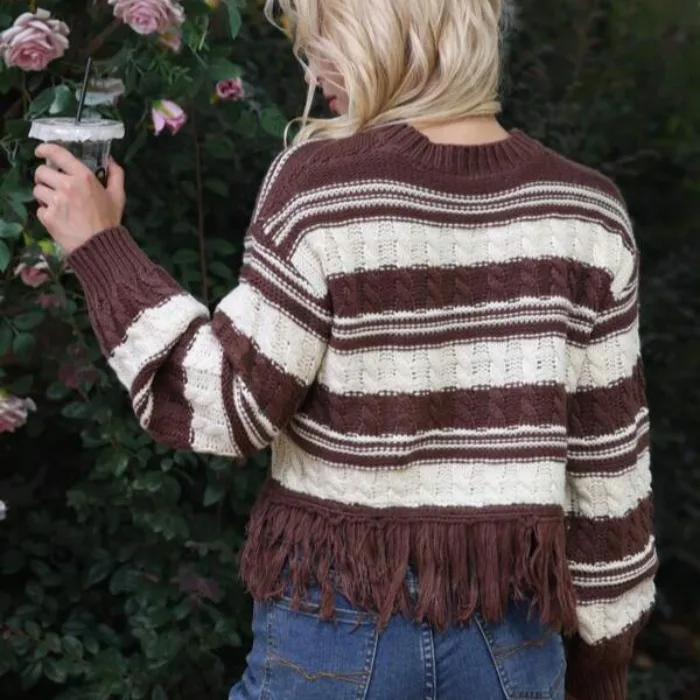 

Новый осенне-зимний свободный вязаный свитер с кисточками и круглыми полосками, женский топ Faion Street Sle Thiened Long Sve Top