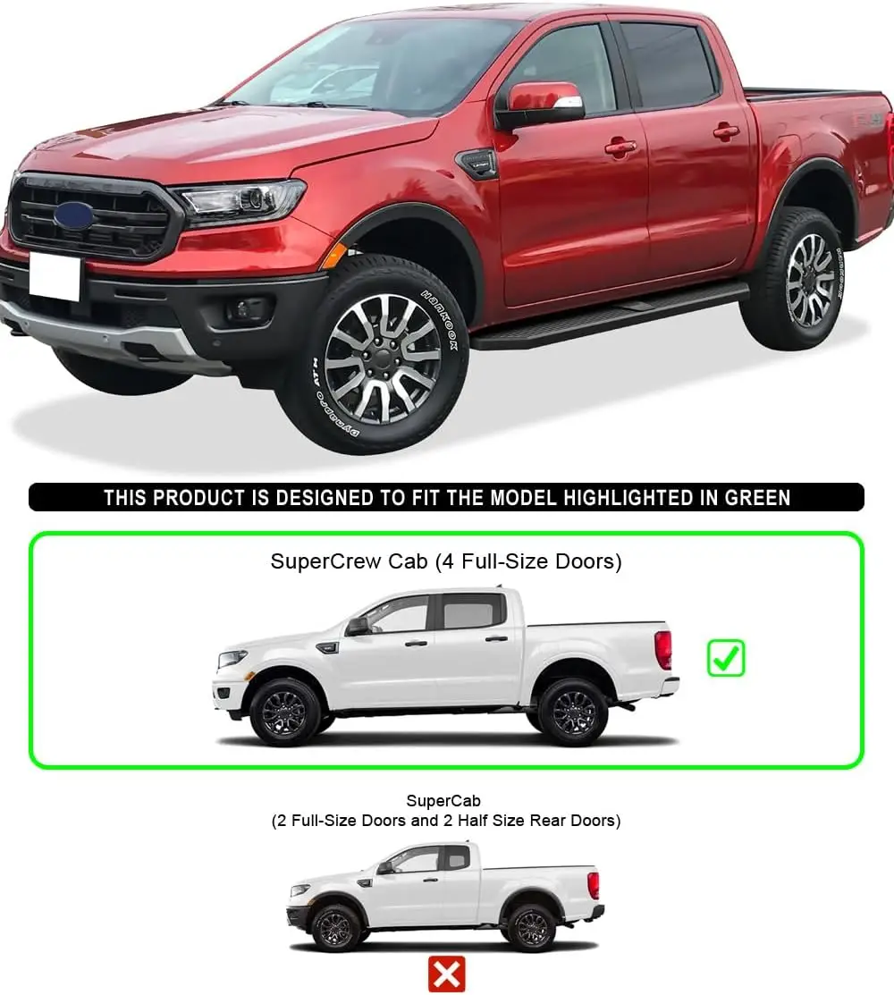 Flat Style 6 Inch Black Stainless Steel Powder Coated Running Boards Nerf Bars Side Steps Compatible with Ford Ranger 2019-2026 SuperCrew Cab 4-Door