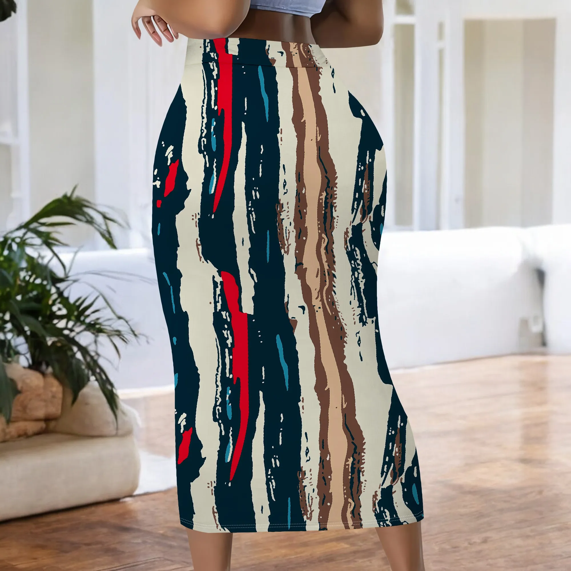 Rock mit abstraktem Druck, Midirock mit Pinselstrichmuster, Rock mit künstlerischem Muster, Rock mit vertikalen Streifen, Damenmode, S-2XL – Detail 6