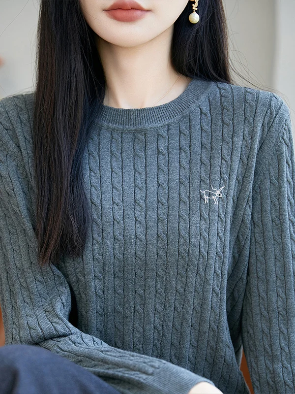 Pure Cotton Knitted round Neck Embroidered Twist Flower Women's Top Skin-friendly Slimming Base Layer Cotton Sweater
