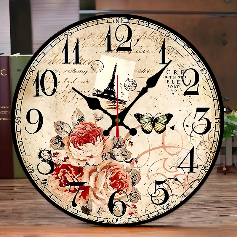 Retro Rose Butterfly Wooden Round Silent Hanging Wall Clock,Suitable For Living Room,Office,Study Room, Bedroom, Home Decoration