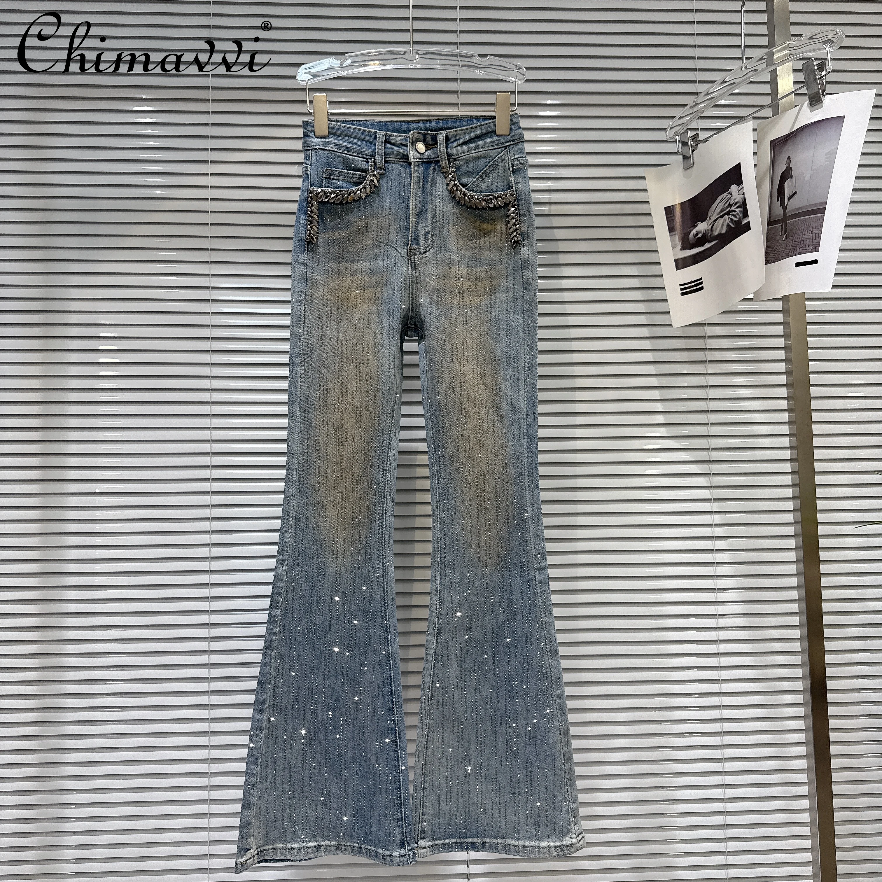 アメリカンスタイルファッション レトロ ヘビーインダストリー ダイヤモンド ハイウエストジーンズ スリムフィット 多用途 ブルー フレアデニム ロングパンツ レディース