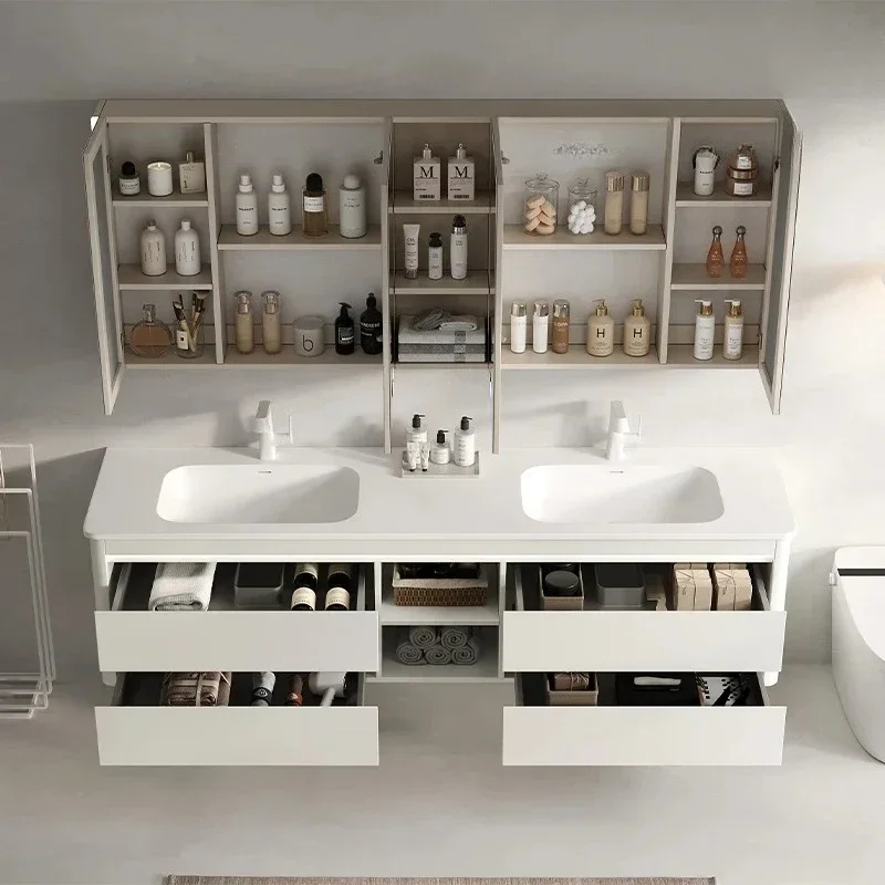 Rock slab hot bending integrated basin stainless steel bathroom cabinet combination double basin washstand designer high-end