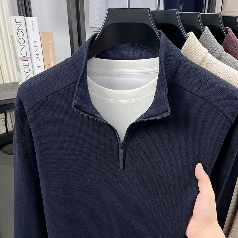 Suéter de Tricô de Luxo para Homens, Novo Design Original de Outono, com Meio Zíper, Confortável e Quente, em Veludo de Cor Sólida.