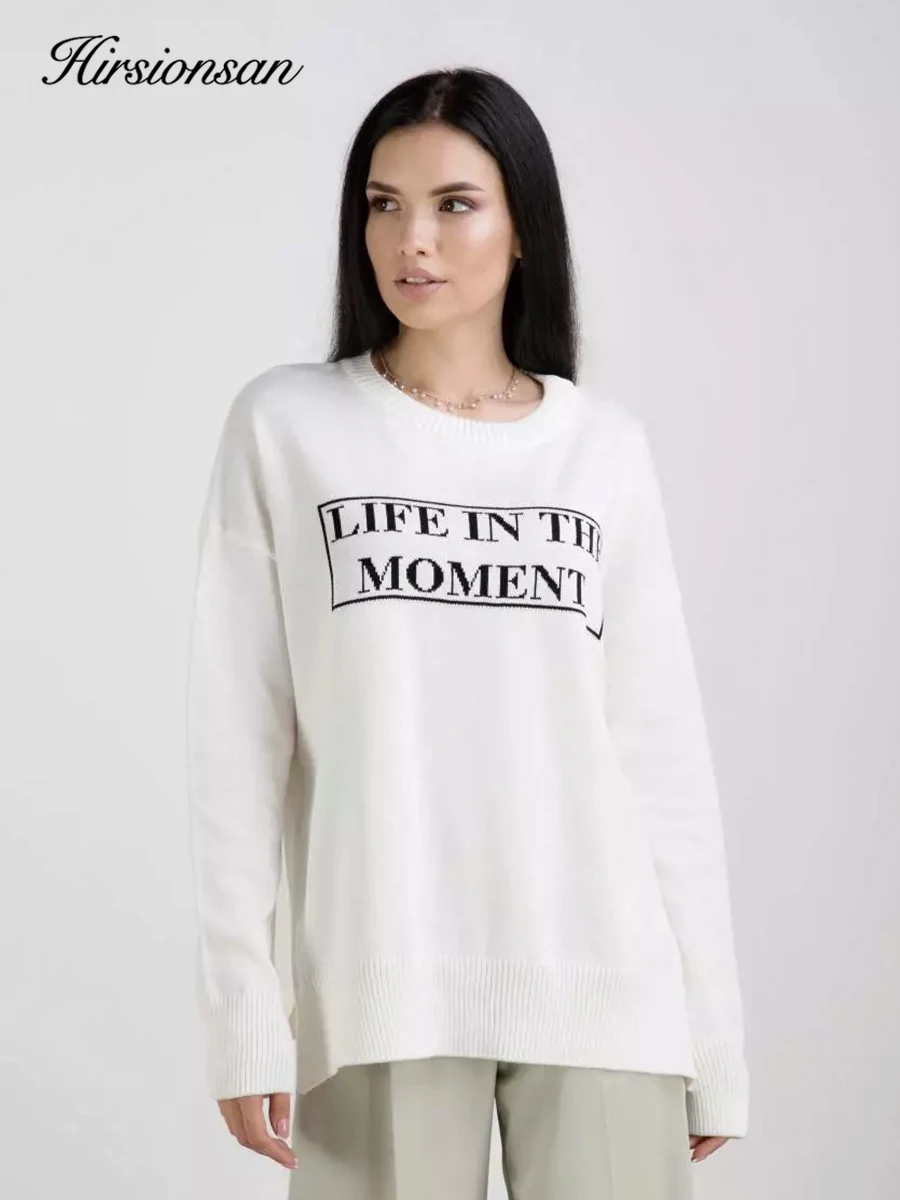 

Hirsionsan "LIFE IN THE MOMENT"Letter Printed Long Sleeved T-shirt for Women Loose Fit Pure Cotton Round Neck Basic Top