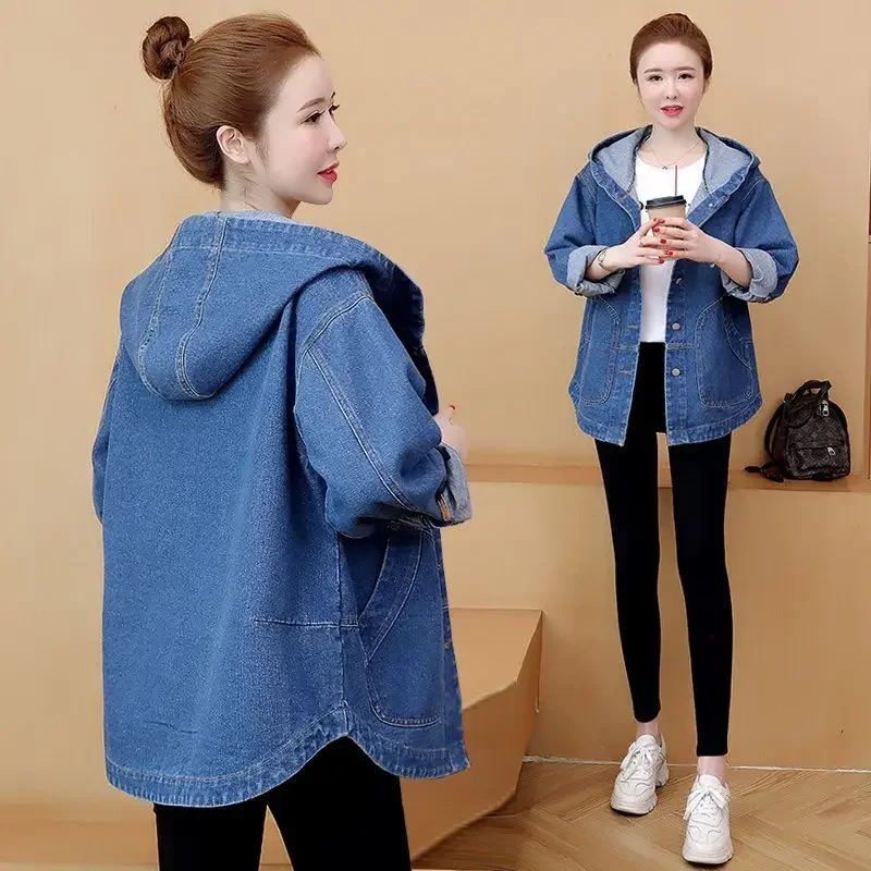 Oversized Denim Jacket Women's Hooded Coat Spring Autumn Loose Female Back Printed Jeans Jacket Plus size Casual Student Outwear