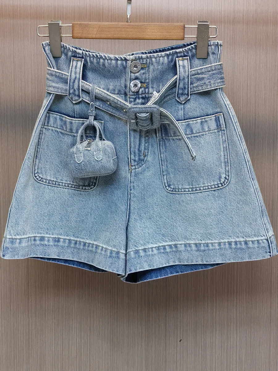 Women's 2025 Summer New Fashion Shorts Female Chic Waist Bag Pocket Wide Leg Denim Shorts Women's Solid Color Denim Short Pants