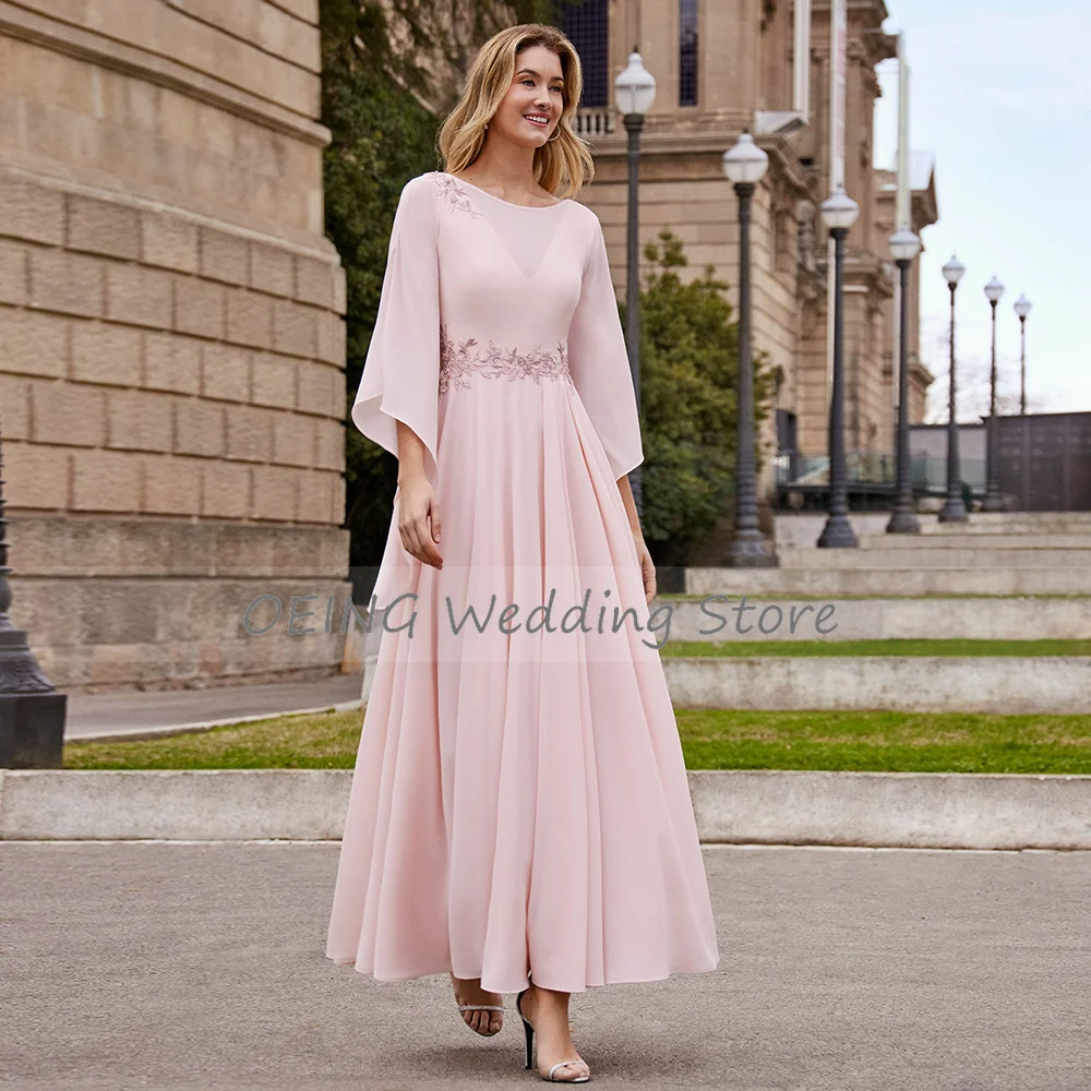 Elegante vestido de Madre de la novia para bodas, cuello redondo rosa, apliques de cuentas, mangas 3/4, largo hasta el tobillo, una línea, vestido de invitados de boda