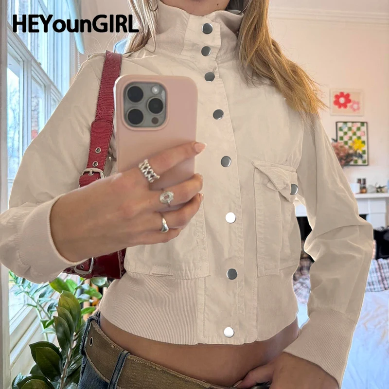 

HEYounGIRL Grunge Style Cropped Jacket Y2K Fashion Long Sleeve White Button Up Coat Fall Outfits Vintage Slim Pockets Outfits