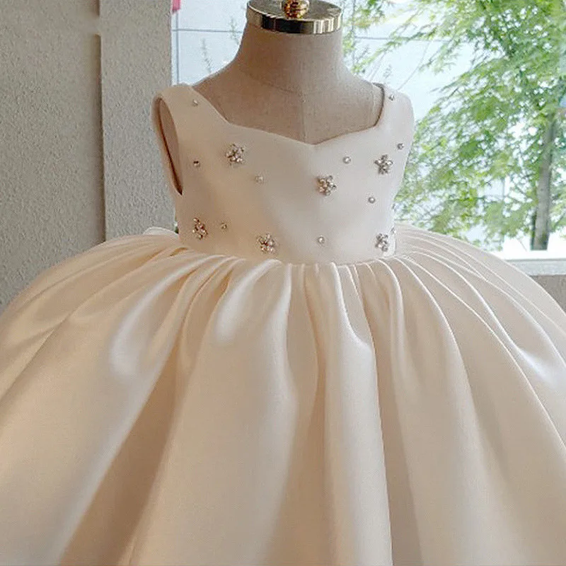 2024 Flower Girl Dress for Baby Girls Kids Beading Satin White Ball Gowns for Eid Children Formal Elegant Dresses Toddler Frocks