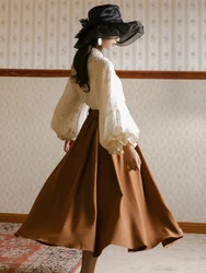 French Fashion Two Piece Skirt Set Women Spring Autumn Shirt and Long Skirts With Belt Outfits