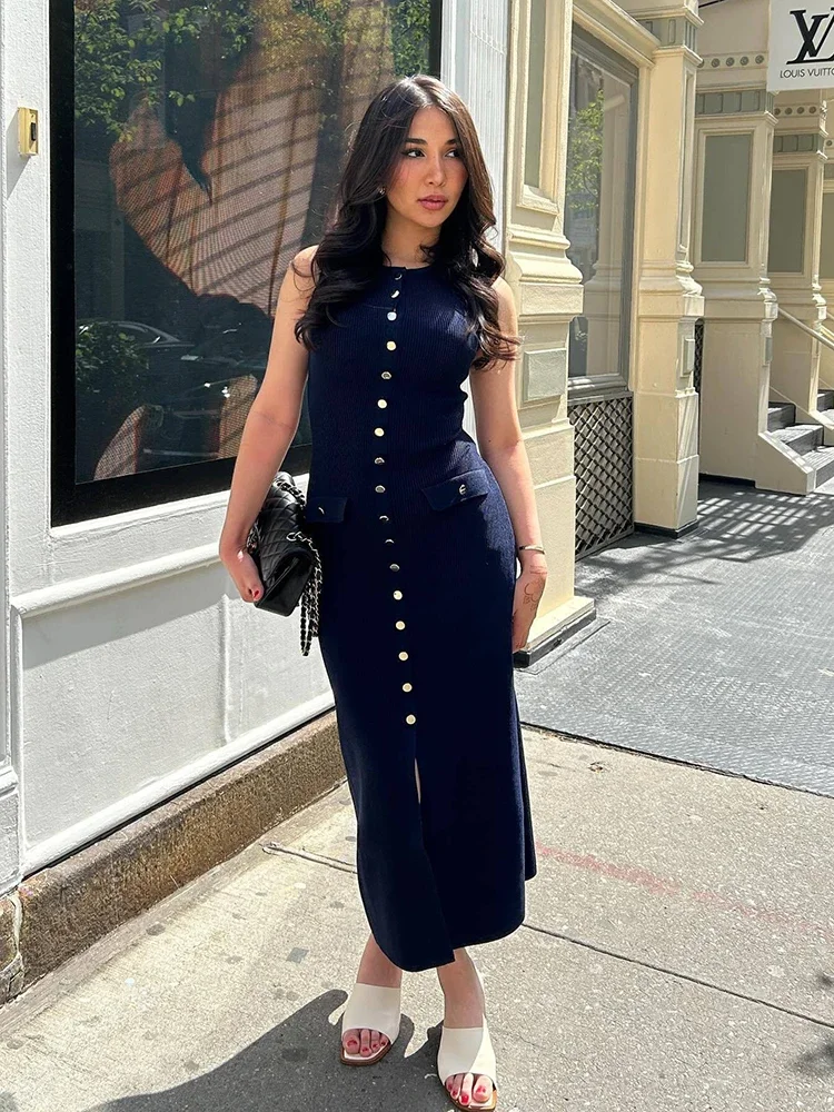 Abiti lunghi eleganti lavorati a maglia Donna Estate O Collo senza maniche Monopetto Tasche finte Abito aderente Abiti da donna da ufficio alla moda