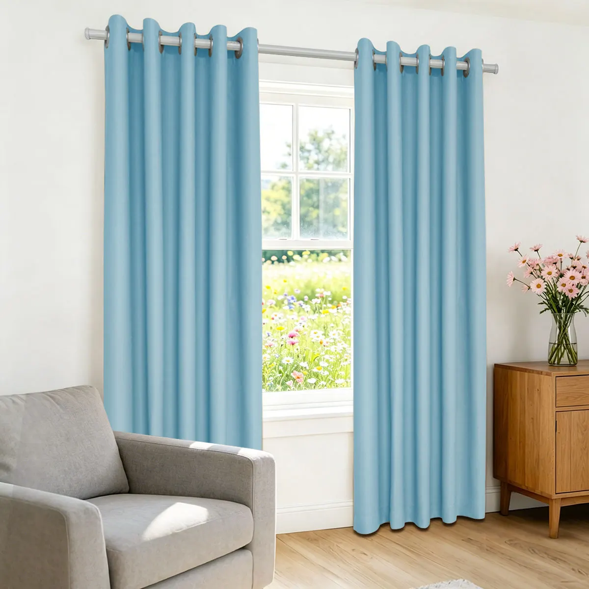 Sky Blue High‑Density Blackout Curtains, Grommet Top Light Blocking Window Drapes for Bedroom Living Room, 2 Panels